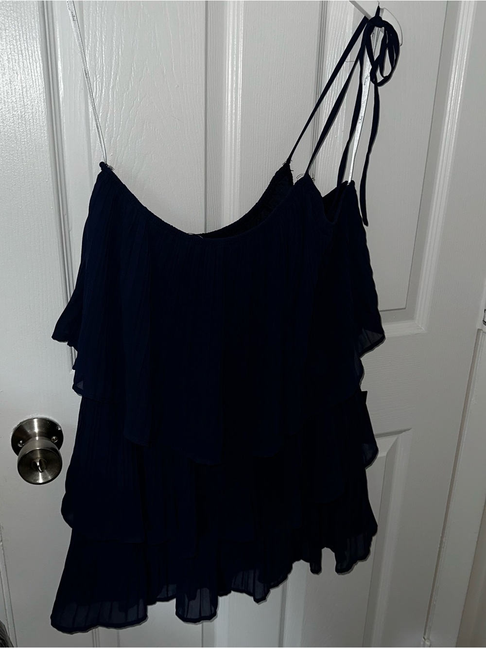 Navy Blue One Shoulder Ruffle Dress